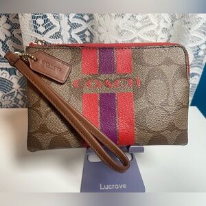 Coach Brown Varsity Stripe Corner Zip Wristlet-# F66052. 4.5 H x 6. L